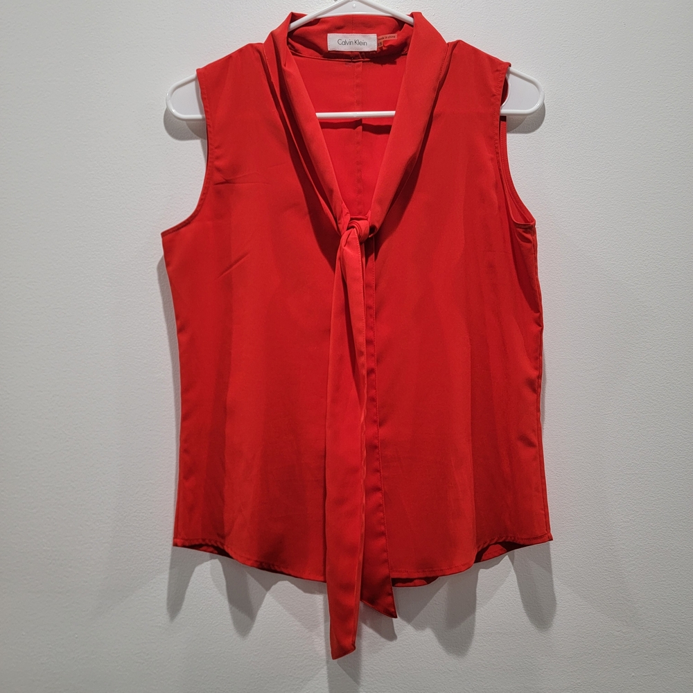 Calvin Klein Red/Orange Tie-Front Sleeveless Blouse Sz XS